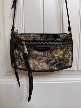 Aimee Kestenberg gold flake black suede leather mini shoulder bag. 9” x 5” x 2”